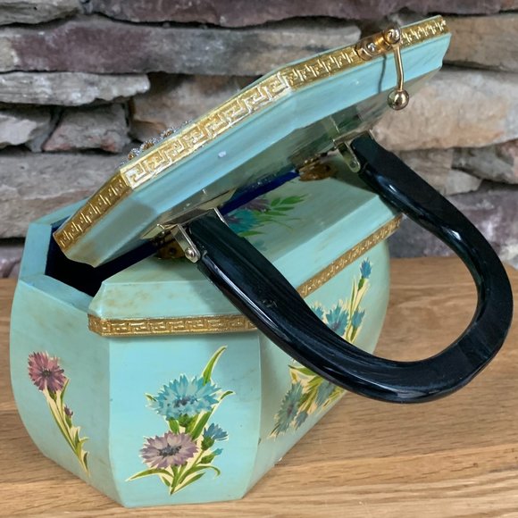 VTG Wood Decoupage Purse Floral 60s 70s Pearlized Handle Felt Lined - Picture 7 of 12